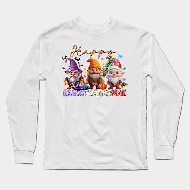 Happy Hallothanksmas Gnomes #1 Long Sleeve T-Shirt by Chromatic Fusion Studio